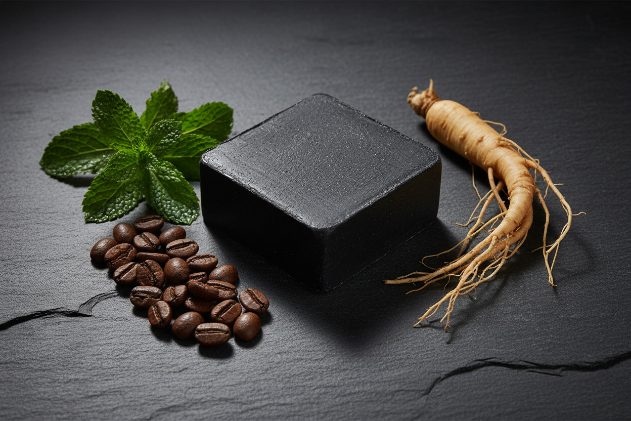 High-quality realistic product shot of a square black soap bar on dark stone surface with fresh peppermint leaves, coffee beans, and ginseng root artfully arranged around it. Masculine, minimal, premium aesthetic.